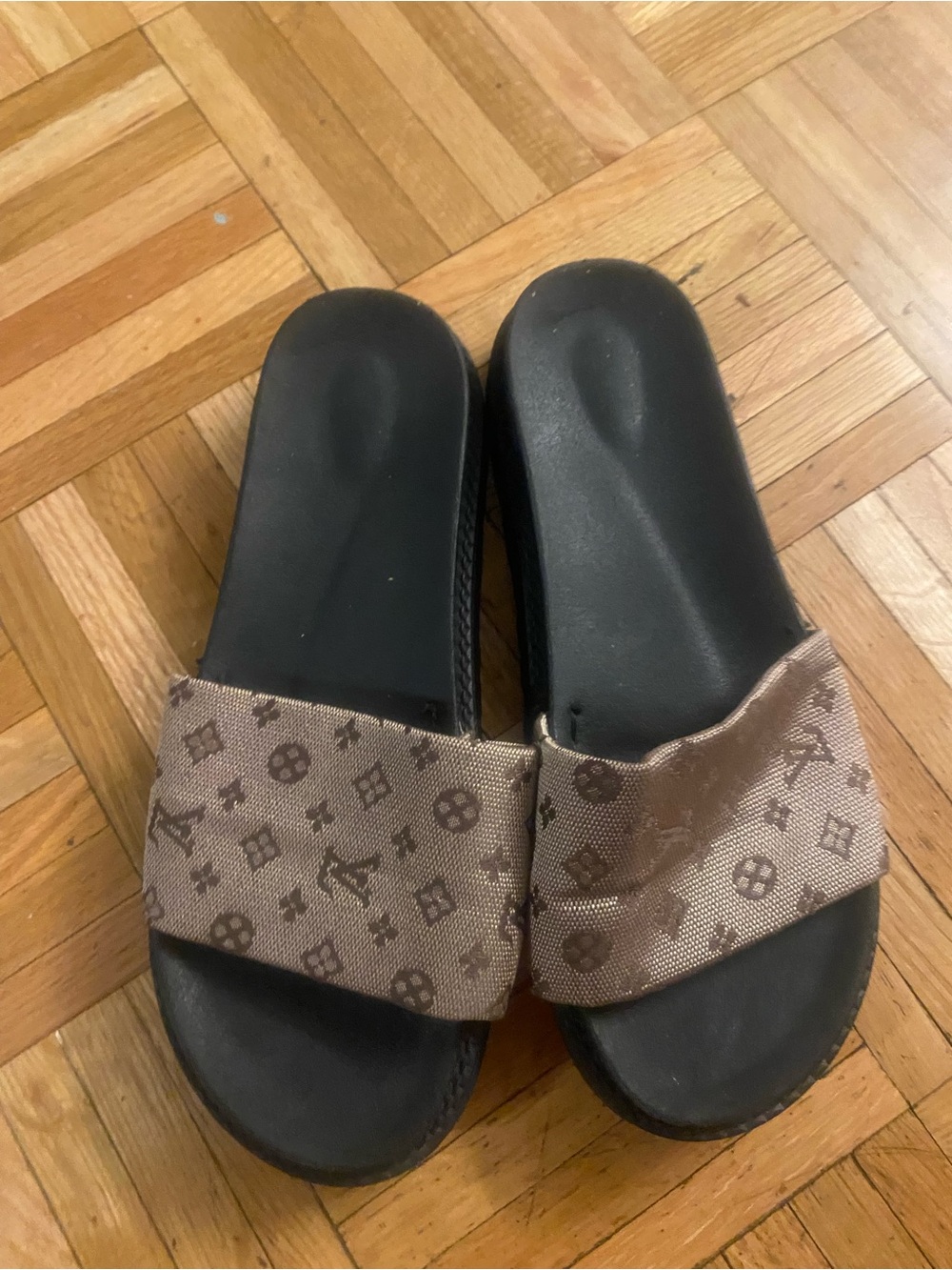 Monogram Slide Sandals in Brown and Black